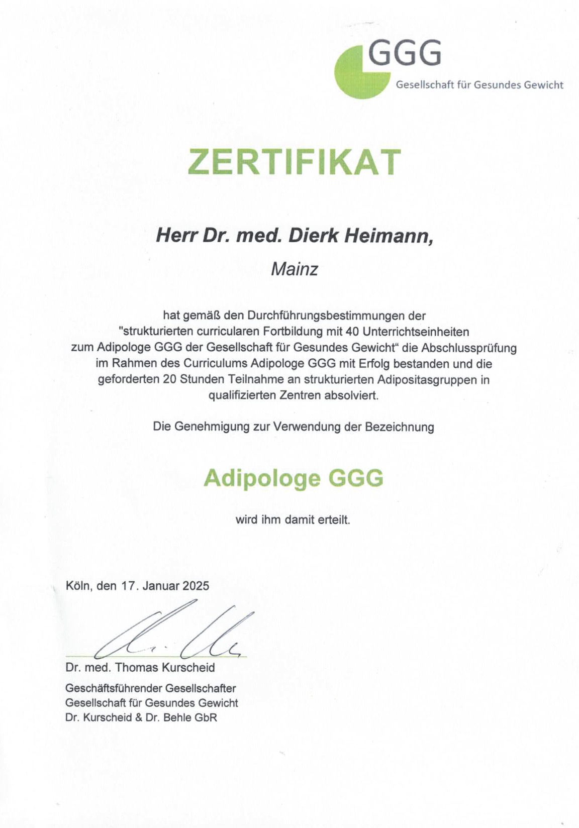 Adipologe (GGG) Zertifikat