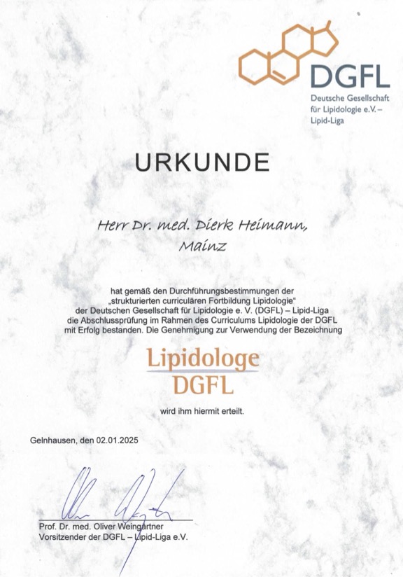 Lipidologe (DGFL) Zertifikat